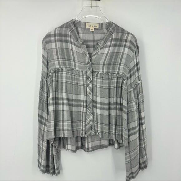 Cloth & Stone Anthropologie Gray White Plaid Top Pleats XS Cropped | G1868 - Picture 1 of 9